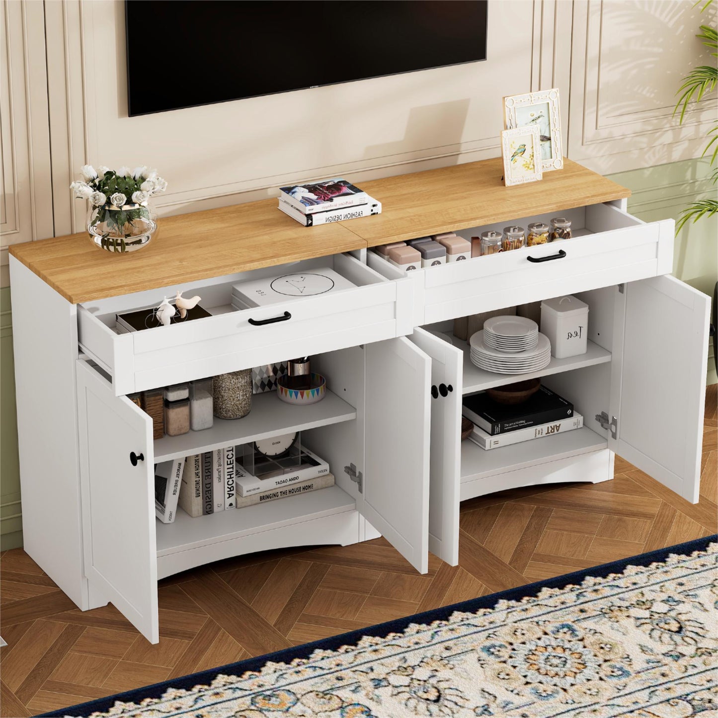 Farmessa Console – 70" White Farmhouse TV Stand with 2 Drawers