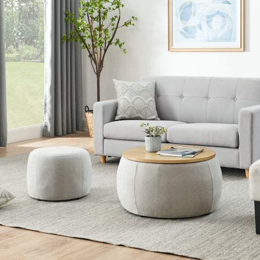 Rovi Round – Light Gray Storage Ottoman & Side Table Combo with Mini Seat