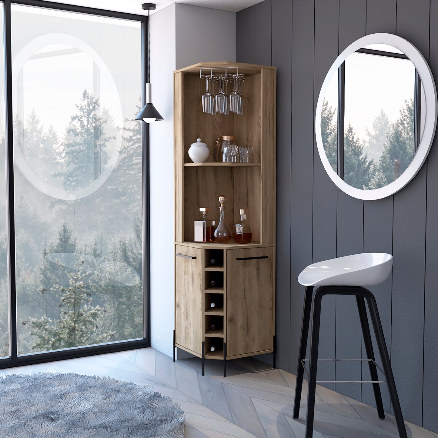 Reese Corner Bar Cabinet – Dual Doors, Wine Rack for 5, and Multi-Tier Interior Storage