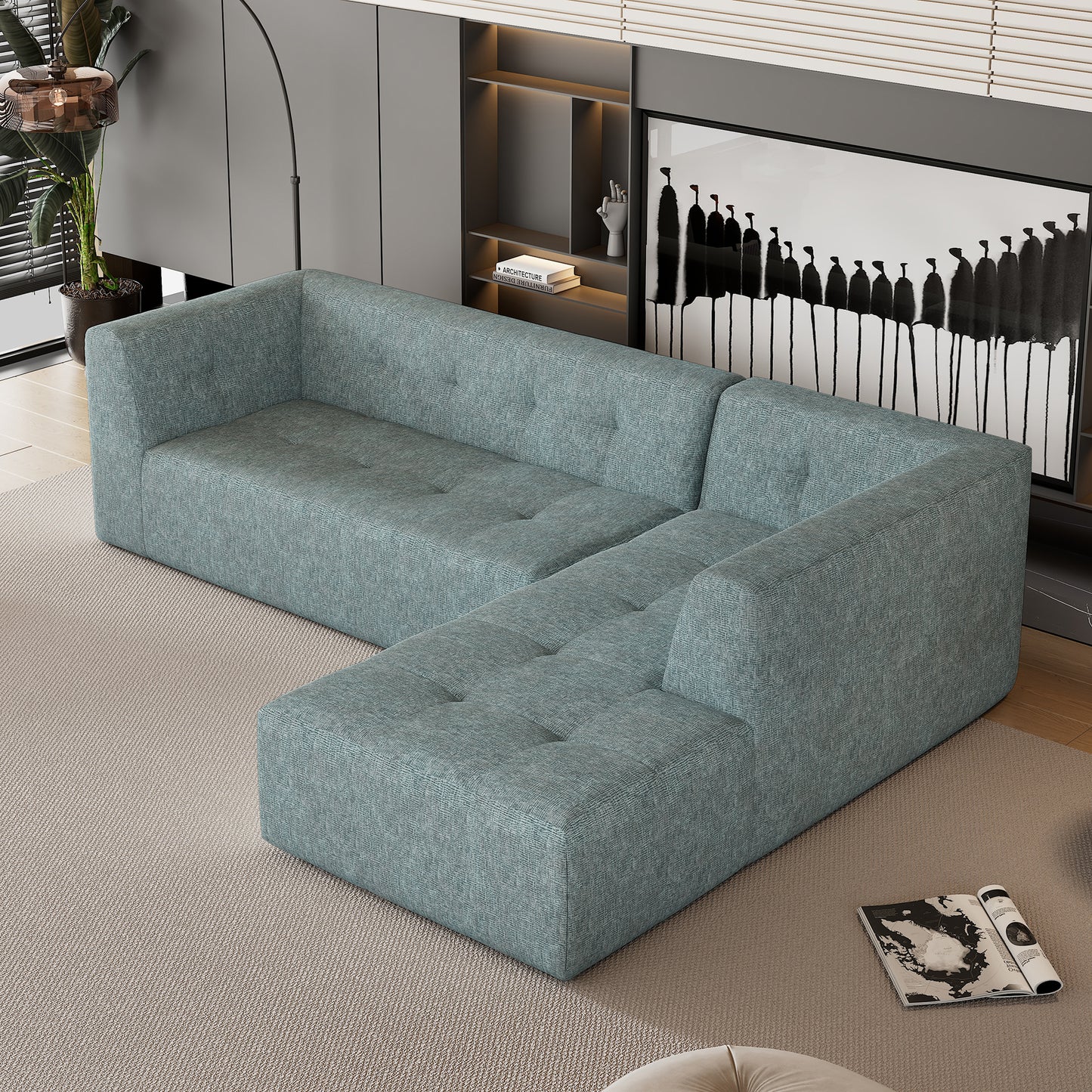 112' Modular Living Lounge – L-Shape Convertible Sofa with Free-Form Pairing (Blue Gray),