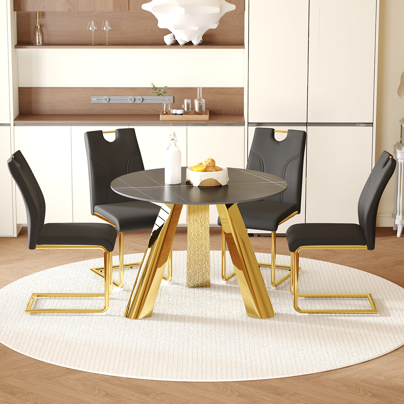 Aria Luxe 42" Round Dining Set – Silver Steel Frame & PU Cushioned Chairs, Compact Luxury