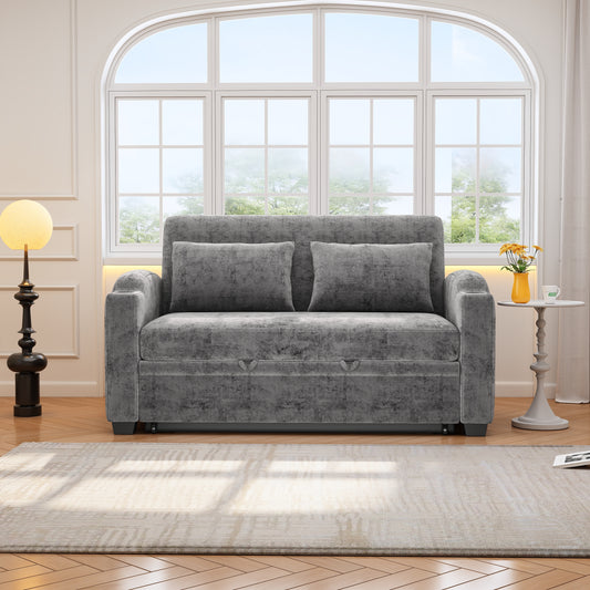 JUSTLIVE ‘Comfina Luxe” Sleeper Loveseat – Gray Chenille | Pull-Out Sofa + USB + Cup Holders + Adjustable Back