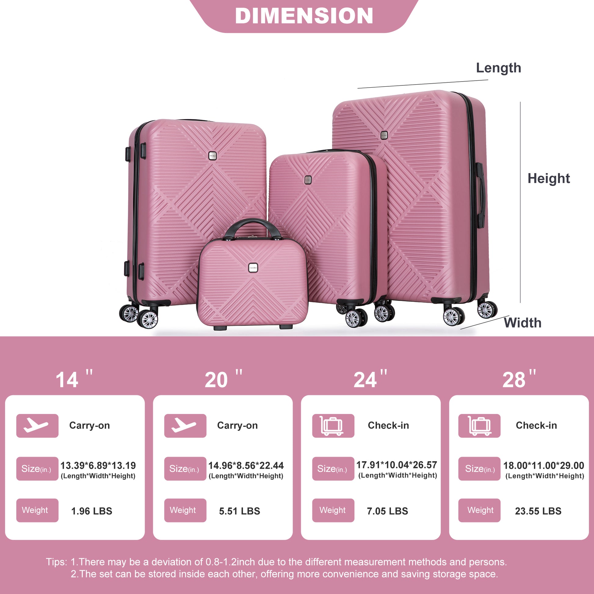 Jetera 4 - Piece ABS Luggage Set – Pink Lightweight Suitcases with Spinner Wheels & Makeup Box (14/20/24/28") - JUSTLIVE NESTJUSTLIVE NEST