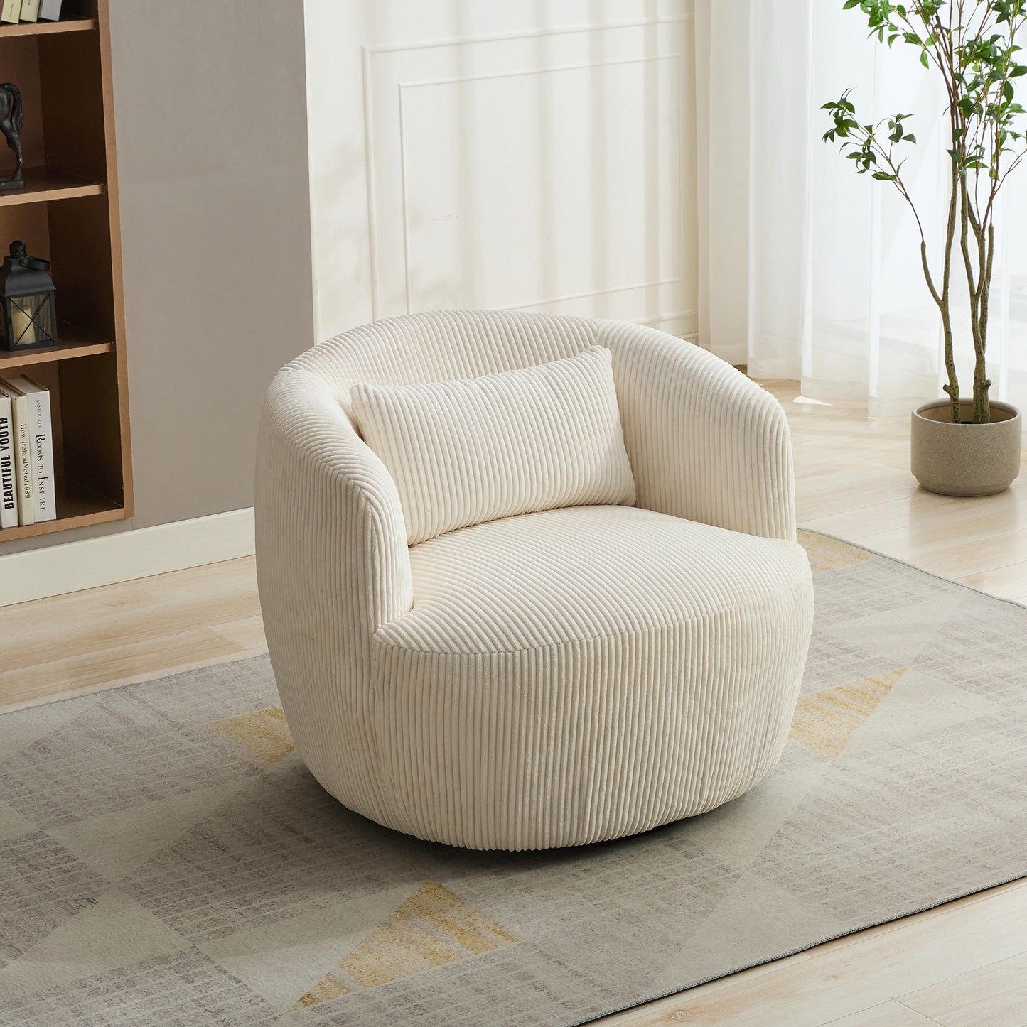 Cylorra Chair – Soft Ivory Corduroy, 360° Swivel Base, Cozy Pillow Included
