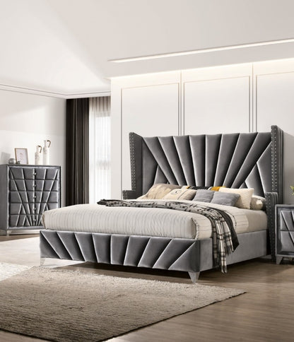 Kivora Queen Bed – Gray Wingback Upholstered Frame with Sculpted Headboard