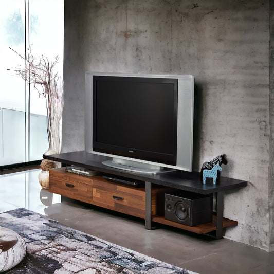Ellvon Console – Walnut & Black Finish TV Cabinet with Open Shelves