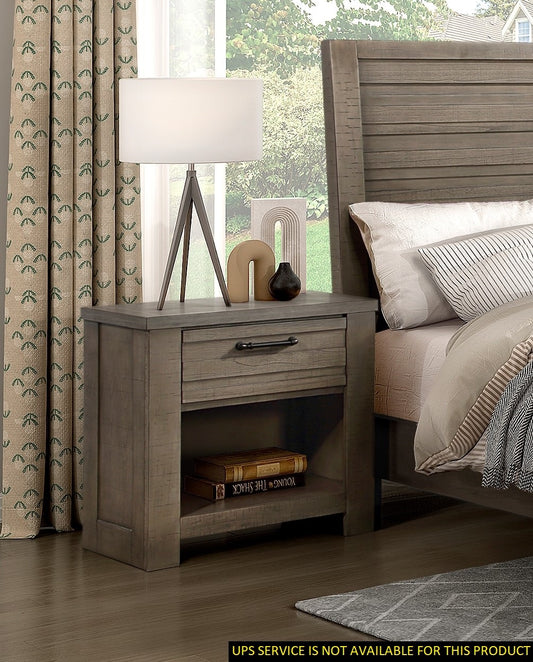 Andryn Cubby Stand – Rustic Gray Nightstand with Drawer, Open Shelf & Metal Pulls