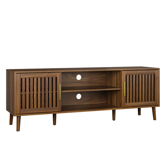 Midvyn Grid Console – 63" Walnut TV Stand with Grille Doors & Adjustable Shelf