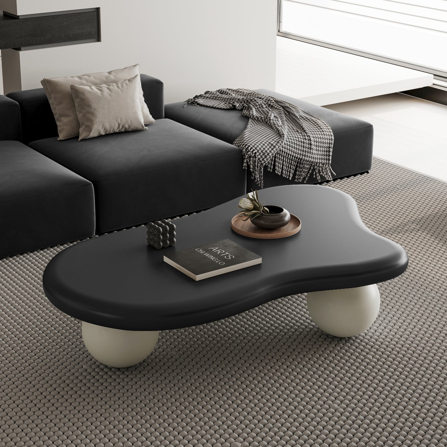 Cloudelle Coffee Table – 47" Sculpted Cloud Shape with Three Ball Legs in Black & White