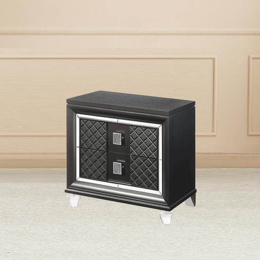 Glistra Glam Chest – Metallic Gray 2-Drawer Nightstand with Acrylic Legs