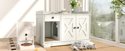 Nuvio Farmhouse Litter Cabinet – White Cat Enclosure with Drawer, Litter Mat & Side Table Functionality - JUSTLIVE NESTJUSTLIVE NEST