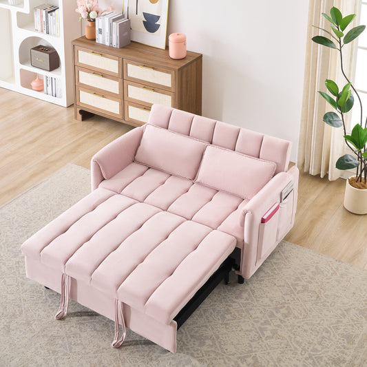 JUSTLIVE ‘Comfina Luxe” Sofa – Pink Velvet | 3-in-1 Convertible Loveseat + Pull-Out Bed + Storage Pockets