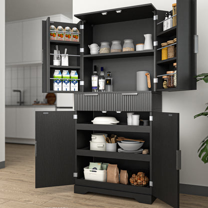Norwin Pantry Cabinet – 72'' Black Fluted Storage Unit with 6-Door Shelves and Keyboard Drawers