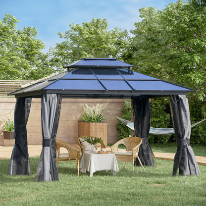 Aurelia 10x12' Hardtop Gazebo – Polycarbonate Double Roof Pavilion with Netting & Curtains (Gray) - JUSTLIVE NESTJUSTLIVE NEST