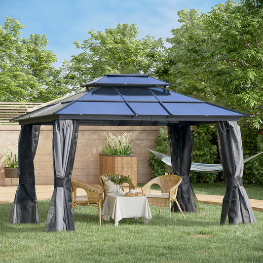 Aurelia 10x12' Hardtop Gazebo – Polycarbonate Double Roof Pavilion with Netting & Curtains (Gray) - JUSTLIVE NESTJUSTLIVE NEST