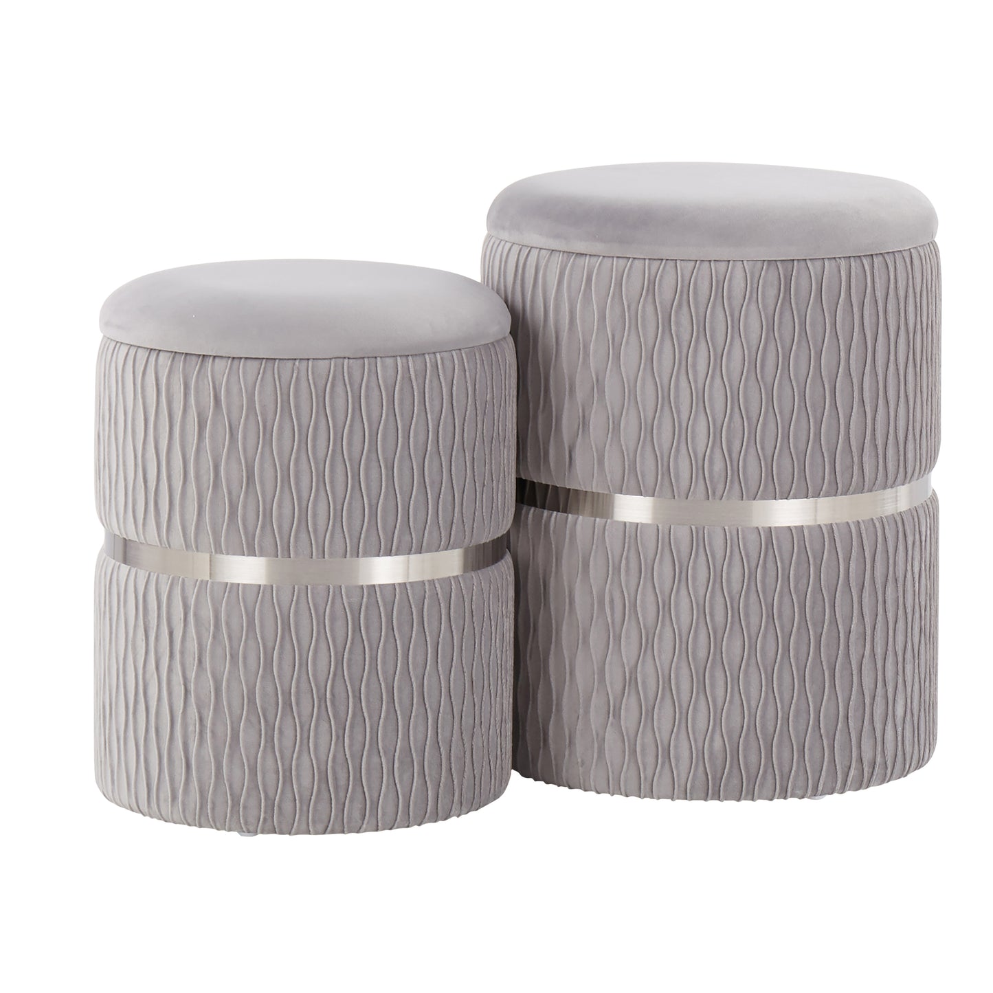 Cinch Duo – Silver Velvet Nesting Ottomans with Chrome Frame