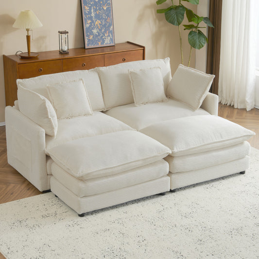 76' Modular Lounge – Plush Corduroy L-Shape Sofa with Hidden Side Storage (Beige)