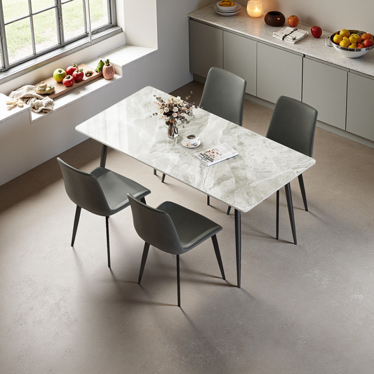 Moderno 70" Sintered Stone Dining Set – Metal Legs with 4 Upholstered Chairs, Sleek Gray Look