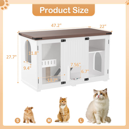 Nuvio 47" Smart Litter Cabinet – White Cat Enclosure with LED Light, Stair Entry, Scratch Panel & Side Table Design - JUSTLIVE NESTJUSTLIVE NEST