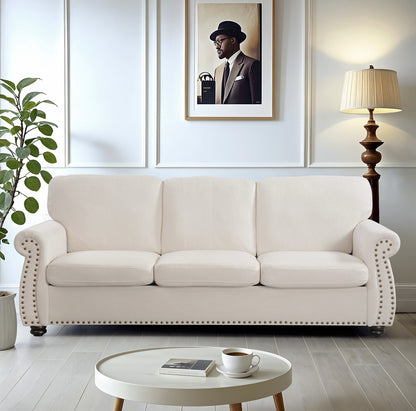 JUSTLIVE ‘Comfina Luxe” Sofa – Ivory Velvet | Chic 3-Seat Couch + Plush Back + Solid Wood Legs