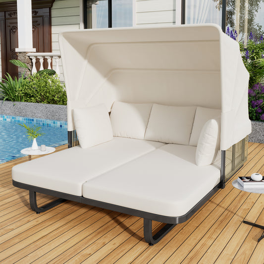 Solvara 57" Rattan Daybed – Beige Outdoor Sunbed with Detachable Pillows for Pool or Patio