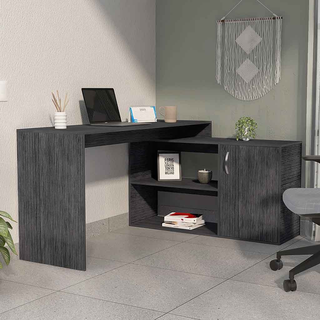 Dallas L-Desk – Corner Office Table with Cabinet and Dual Shelves