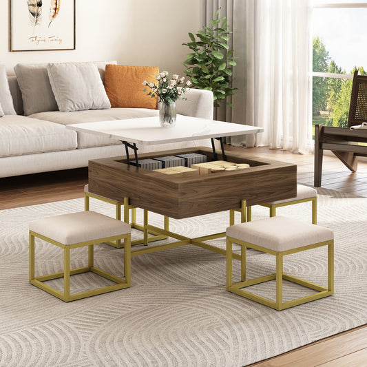 Vinnor Lift Set – Square Coffee Table with Hidden Storage and 4 Ottomans in White & Walnut