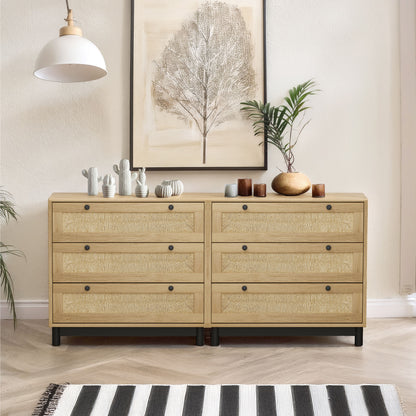 Verrow Duo Chest – Set of 2 Oak Rope-Woven 3-Drawer Storage Cabinets