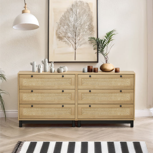Verrow Duo Chest – Set of 2 Oak Rope-Woven 3-Drawer Storage Cabinets