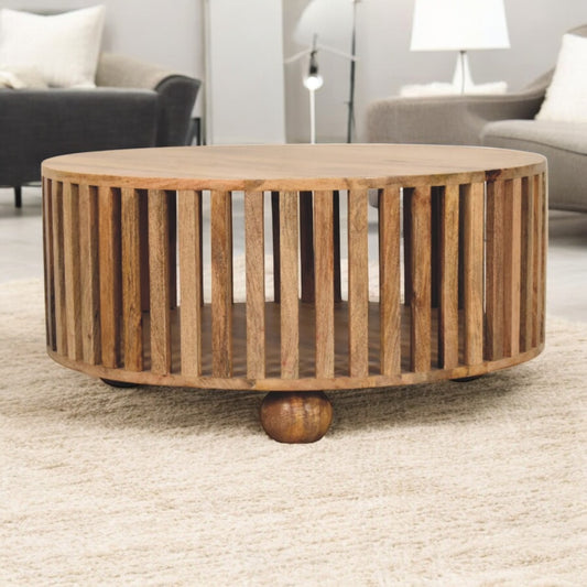 Ravelle Coffee Table – Slatted Round Top in Oakish Finish