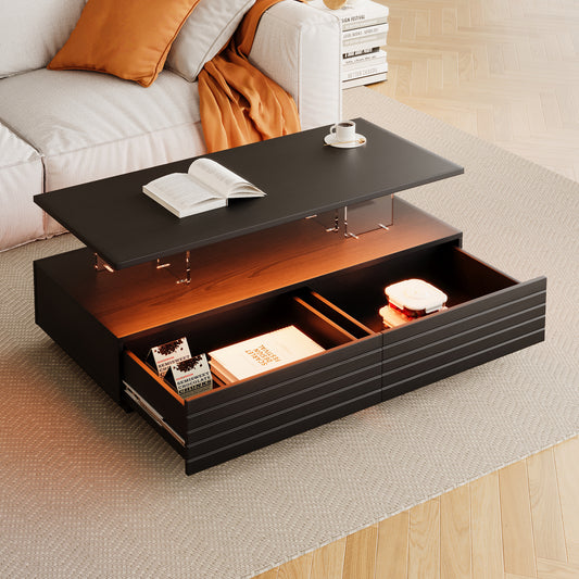 Nocta LED Table – 47.2" Black Coffee Table with Dual Drawers and Built-In LED Lighting