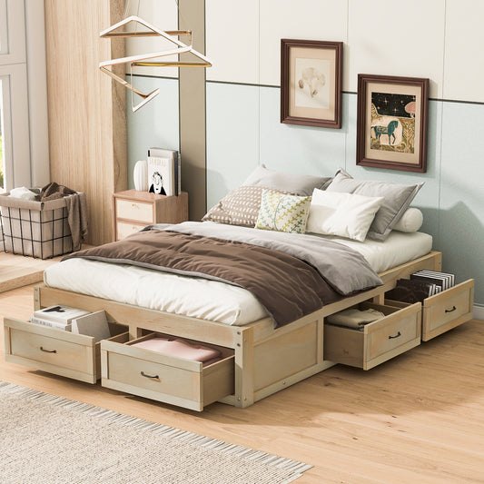 Stravelle Full Bed – Antique Natural Platform with 6 Storage Drawers