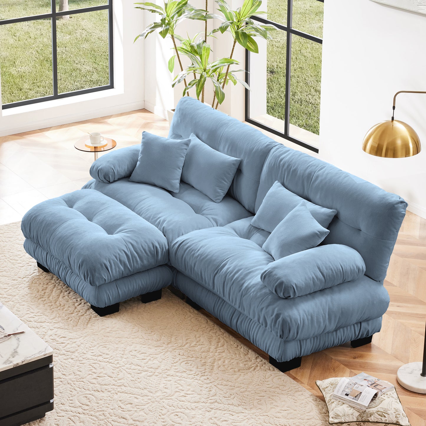 2-Seat Lounge – Blue Chenille Sofa with Lumbar & Throw Pillows, Wide Arms & Convertible Ottoman