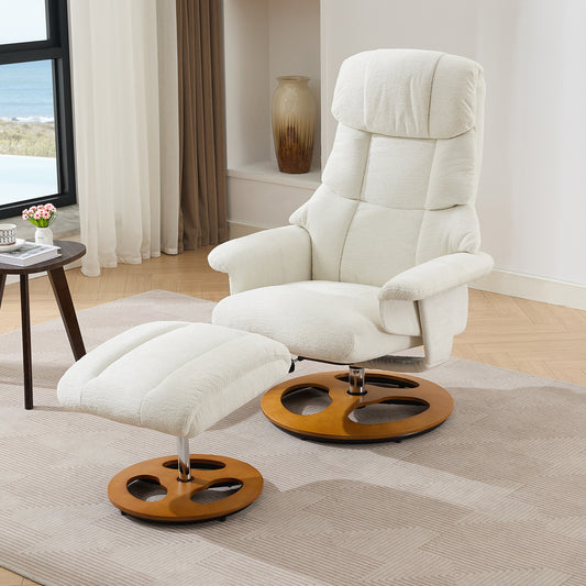 Vetra Swivel Set – 360° Chenille Recliner & Ottoman with 5-Point Massage and Seat Heater (White)