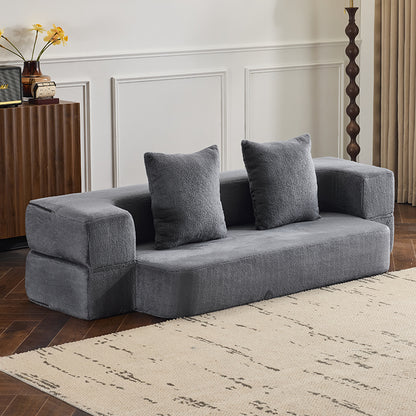 NestEdge ‘CozyFlex” Transformable Sectional – Light Grey Chenille | 3 Ottomans + Fold-Out Foam Bed