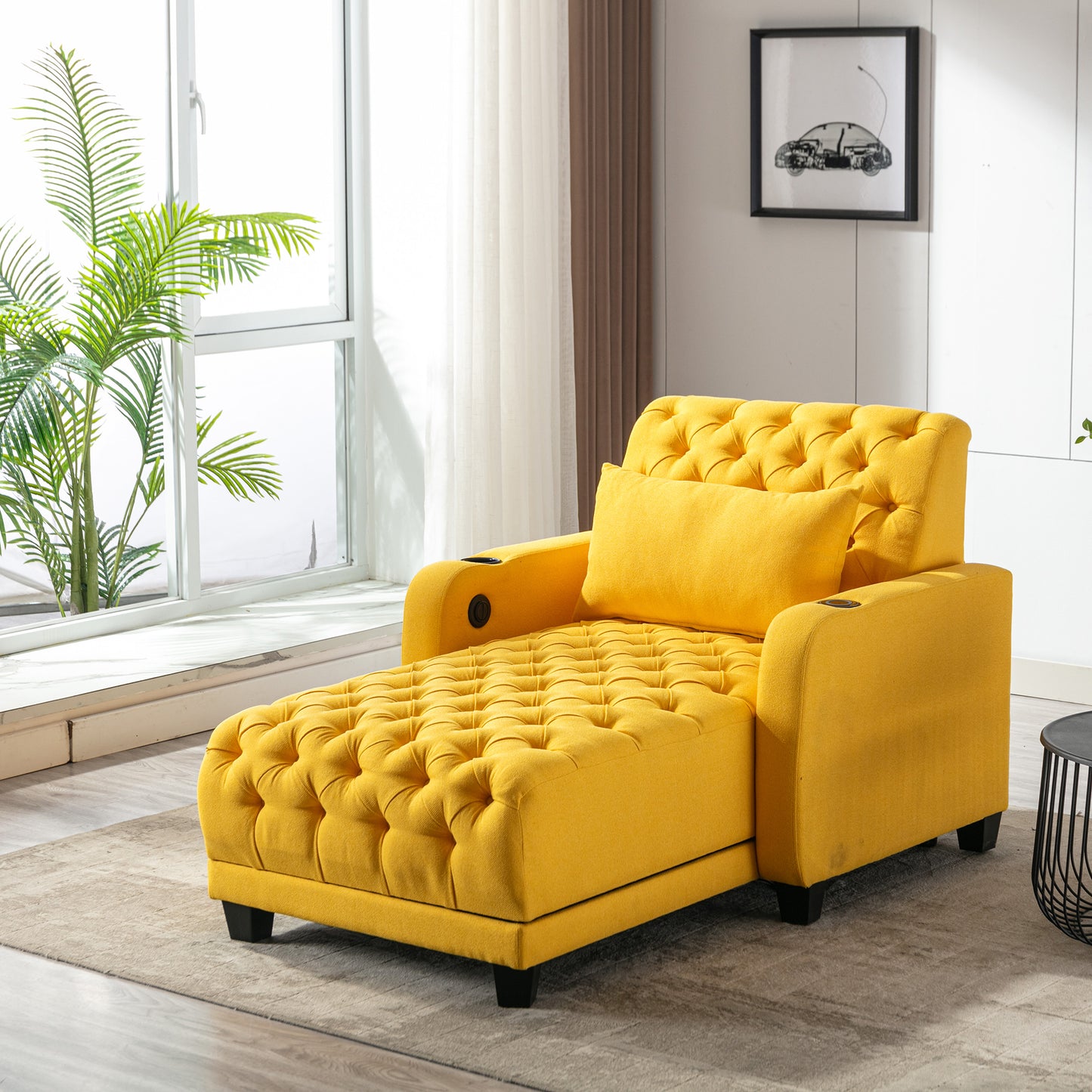 Barry Lounge Chair – Yellow Linen Tufted Recliner with Wireless Charging & Lumbar Pillow