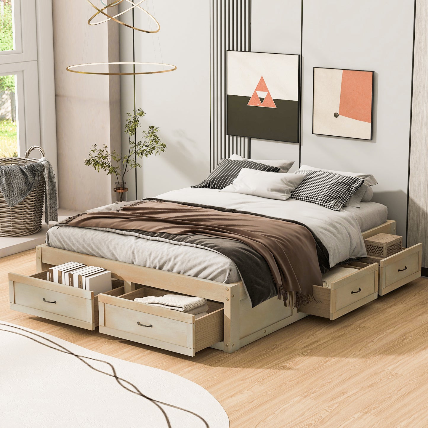 Stravelle Queen Bed – Antique Natural Platform with 6 Storage Drawers
