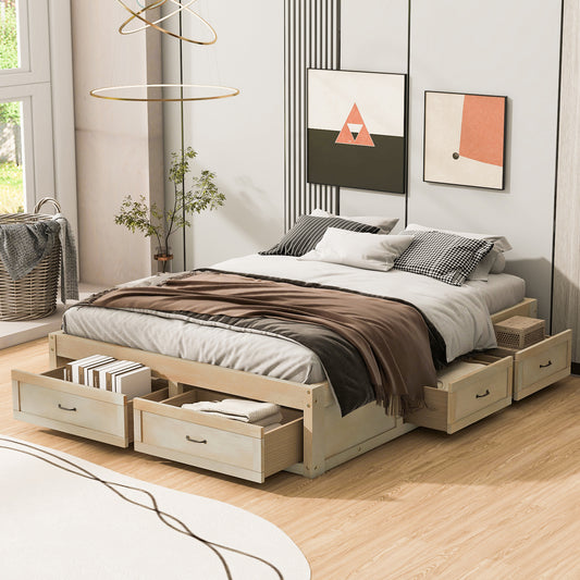 Stravelle Queen Bed – Antique Natural Platform with 6 Storage Drawers