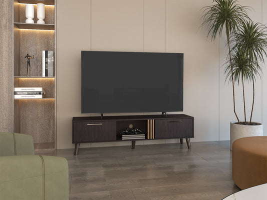 Vancea Console – 63" Black Wengue & Oak TV Stand with Drop-Down Cabinets