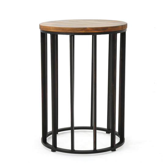 Reno Table – Cylindrical Side Table with Round Wood Top and Metal Frame