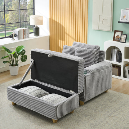 NestEdge ‘CordiNest” Single Sofa Set – Stone Grey Corduroy | 1 Pillow + 2 Throws + Footstool + Dual Storage