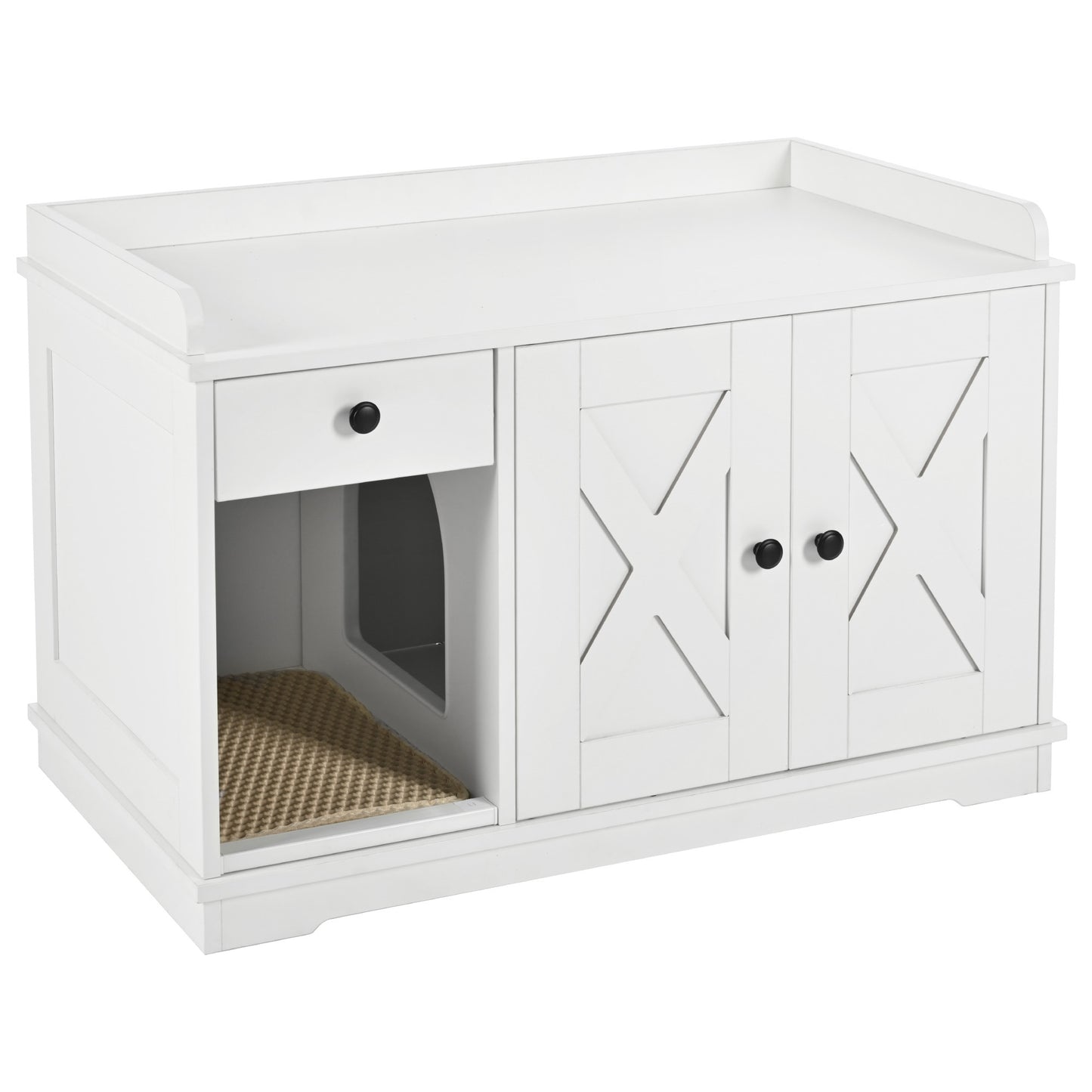 Nuvio Farmhouse Litter Cabinet – White Cat Enclosure with Drawer, Litter Mat & Side Table Functionality - JUSTLIVE NESTJUSTLIVE NEST