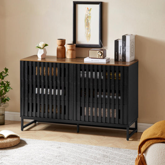 Midvyn Slat Dresser – 6-Drawer Chest with Grille Front & Metal Legs