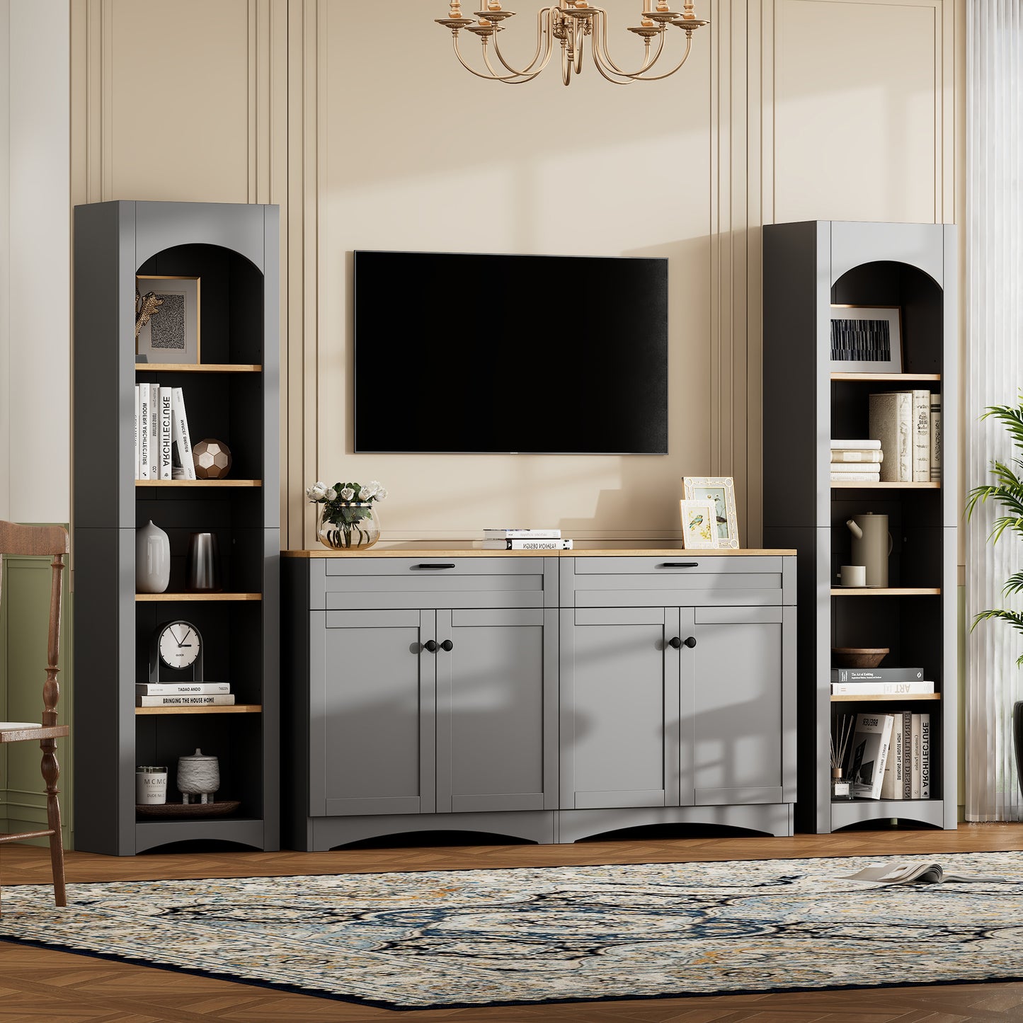 Farmessa Trio Wall Unit – 3-Piece TV Stand with Bookshelf & Sideboard (Up to 70")