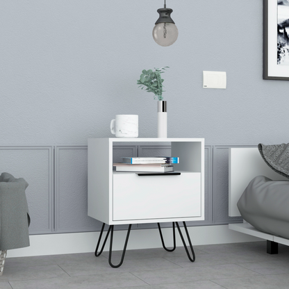 Voltra Hairpin Table – White End Table with Open Shelf & Cabinet Door (22" H)