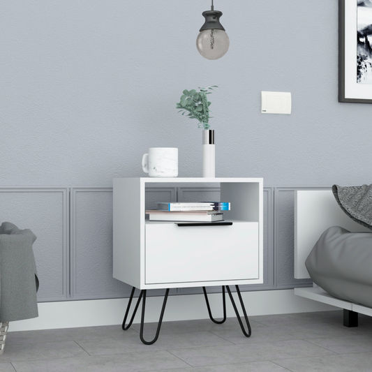 Voltra Hairpin Table – White End Table with Open Shelf & Cabinet Door (22" H)