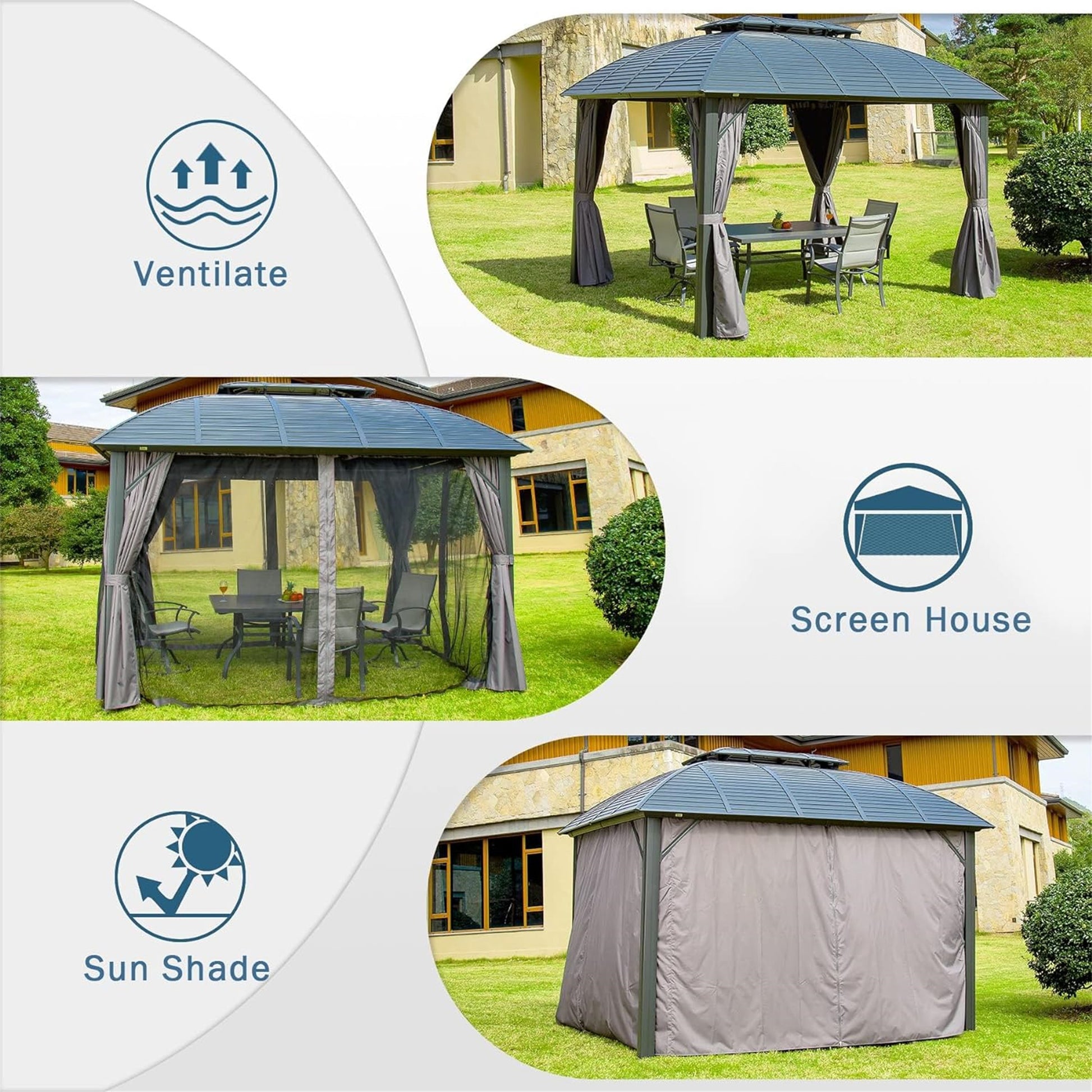 Aurelia 10x12' Hardtop Gazebo – Aluminum Frame Pavilion with Double Steel Roof, Curtains & Netting - JUSTLIVE NESTJUSTLIVE NEST