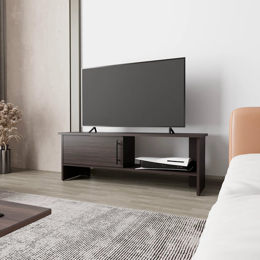 Walcrest TV Stand – Stained Walnut with Door & Open Storage