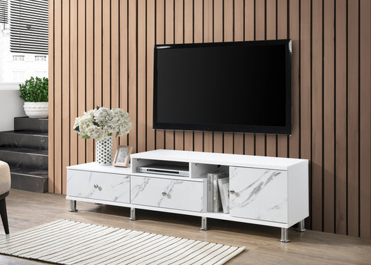 Marvella TV Console – White Finish with Faux Marble Accents & Silver Legs