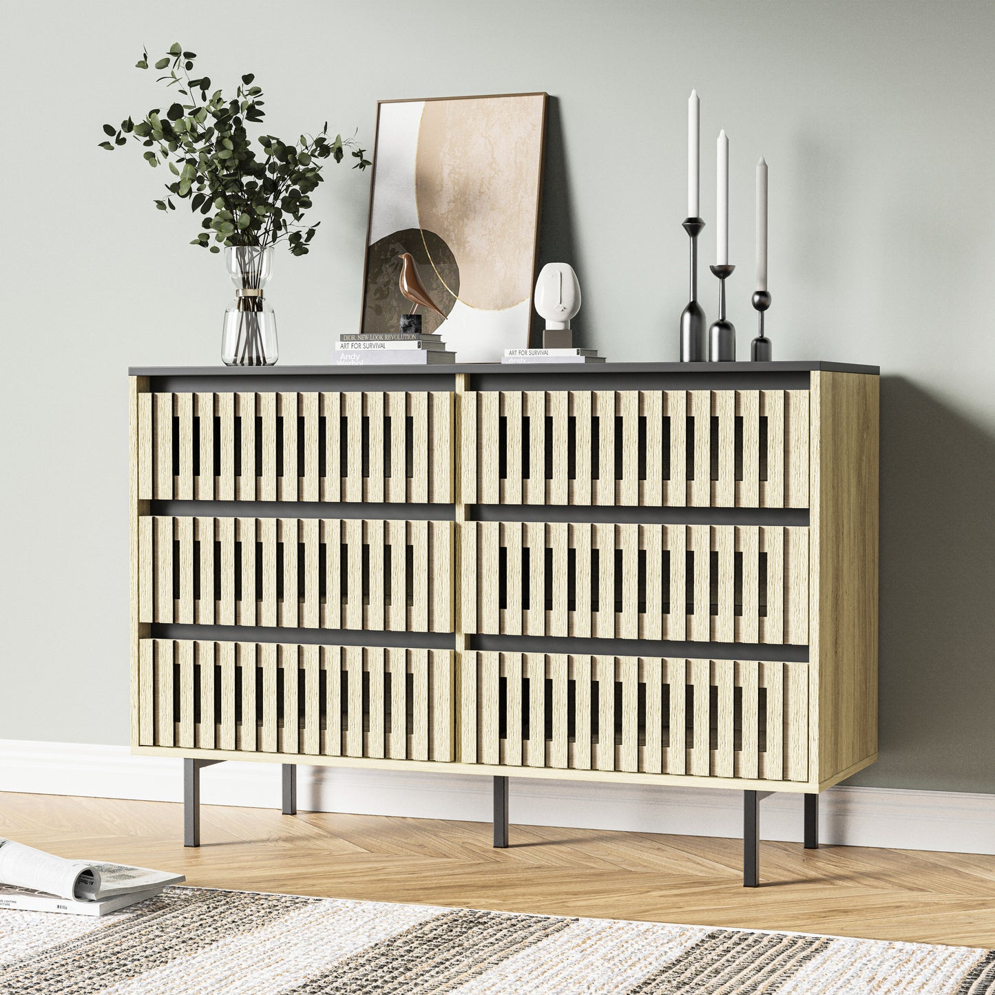Fluvana 6-Drawer Dresser – Fluted Two-Tone Storage Cabinet with Minimalist Design